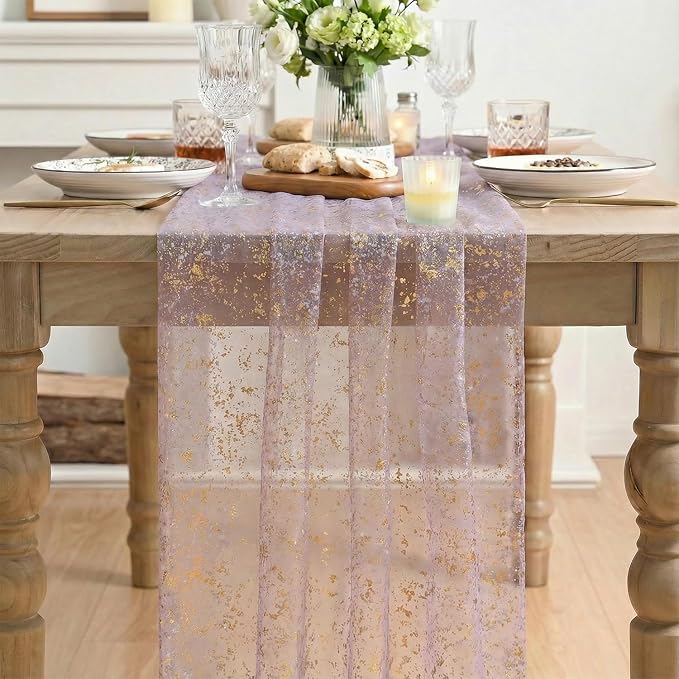 Artoid Mode 3Pcs Grayish Purple Gauze Gold Table Runner 10FT, Glitter Metallic Foil Sheer Dining Wedding Anniversary Holiday Table Decor for Home Party