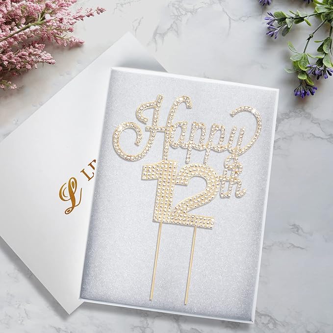 LINGTEER Happy 12th Birthday Gold Rhinestone Cake Topper Cheers to 12th Birthday Twelve Years Old Party Cake Centerpieces Topper Decorations Gift Sign.