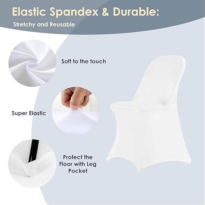 Craft And Party 30 Pack White Spandex Folding Chair Covers, Stretch Polyester Slipcovers for Wedding, Party & Dining Chairs – Flat Front Design, Universal Fit