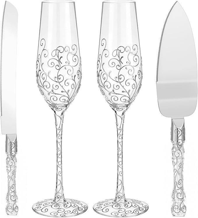 Ceenna 4 Pcs Wedding Toasting Flutes and Cake Server Set Elegant Champagne Glasses and Knife Server Set Gifts for Bride and Groom Anniversary Wedding Reception Supplies (Silver)