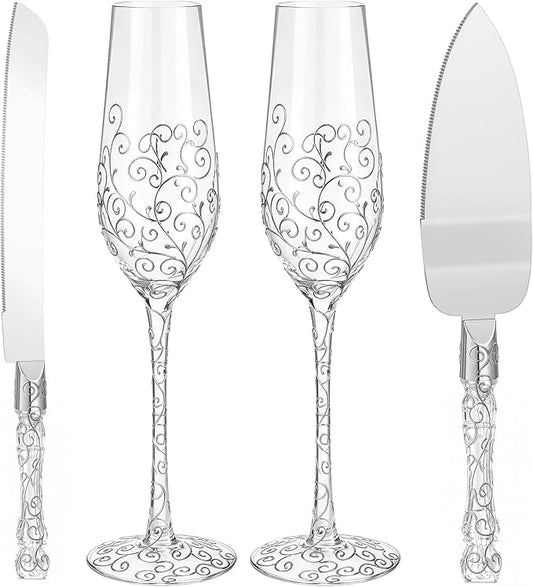 Ceenna 4 Pcs Wedding Toasting Flutes and Cake Server Set Elegant Champagne Glasses and Knife Server Set Gifts for Bride and Groom Anniversary Wedding Reception Supplies (Silver)
