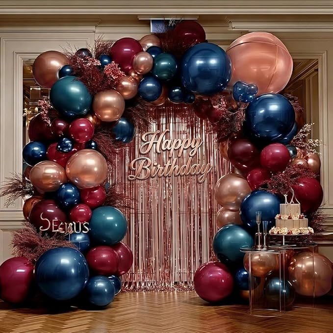 Red Blue Balloon Garland, Double Stuffed Navy Blue Dark Burgundy Balloon Arch Kit Rose Gold Fringe Curtains for Birthday Graduation Mardi Gras Party Decoration