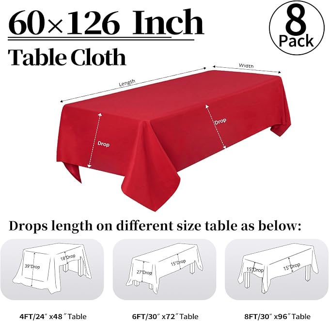 8 Pack Red Tablecloth 60 x 126 Inch Rectangular Table Cloth for 8 Foot Rectangle Tables, Wrinkle Resistant Washable Polyester Fabric Table Covers for Party Banquet Buffet and Camping