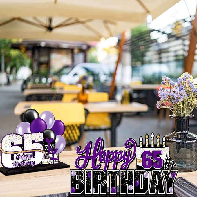 LINGTEER Happy 65th Birthday Purple Acrylic Table Topper Centerpieces Set - Cheers to 65 Years Old Birthday 65th Bday Party Gift Decorations.
