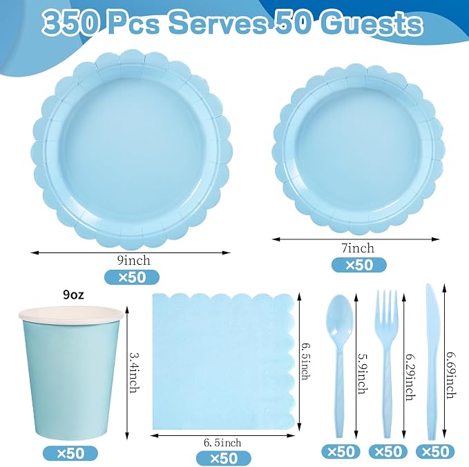 350 Pcs Light Blue Paper Plates and Napkins, Boy Baby Shower Decorations Include Scalloped Plates Napkins Cups for Kindergarten Graduation, Bridal Shower, Summer Wedding, Birthday