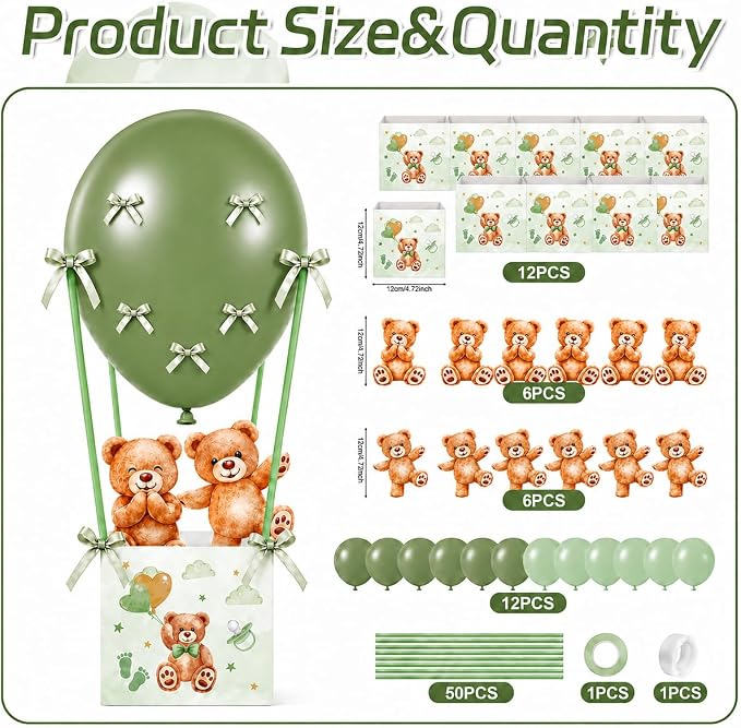 Cinrobiye 12 Sets Teddy Bear Baby Shower Centerpieces for Tables, Bear Favor Boxes with Balloons, Ribbons Paper Straws, DIY Table Decorations for Gender Reveal, Baby Shower, Birthday Party Supplies