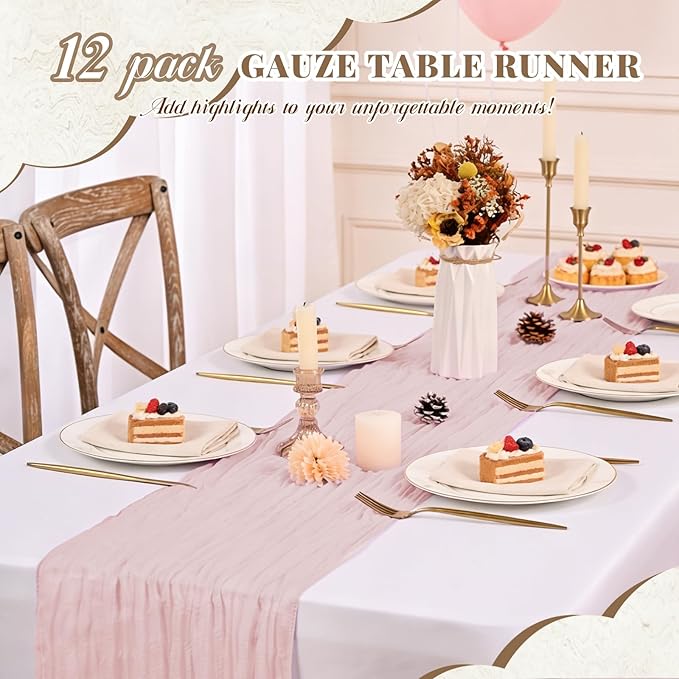 12 Pack Cheesecloth Table Runner,Dusty Pink Table Runner Long Romantic Semi Sheer Rustic Boho Gauze Table Runners for Wedding Bridal Shower Birthday Party Decorations(17.7×108 Inch)
