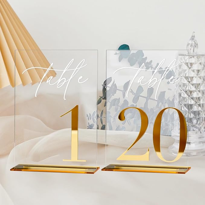 Acrylic Wedding Table Numbers 1-20 with Stands, 5"x7" Clear Acrylic Signs with 3D Gold Mirror Numbers, Clear and Gold 3D Table Numbers for Wedding Reception, Anniversary, Event