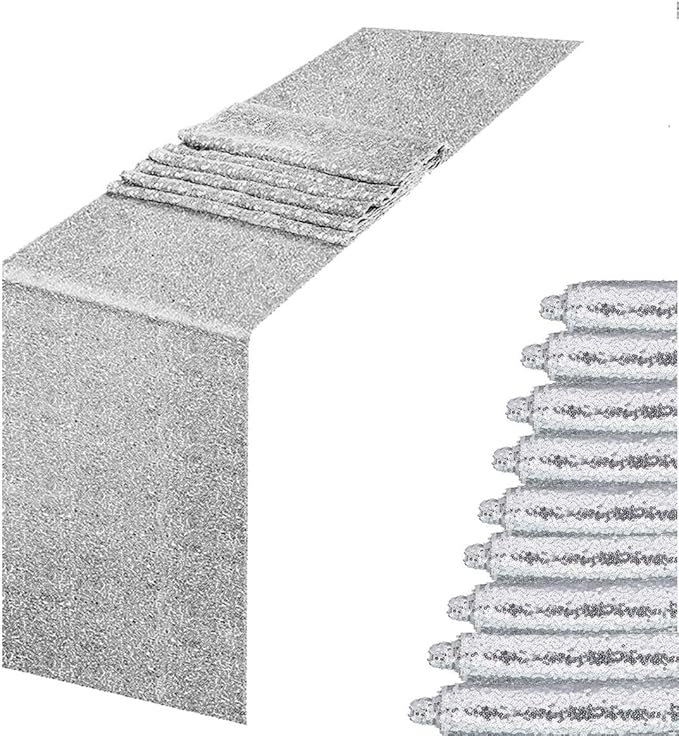 JYFLZQ Silver Sequin Table Runner 12"x72" Pack of 10 Glitter Sequin Fabric Table Linens - Sparkly Runners for Wedding & Birthday Party Decor