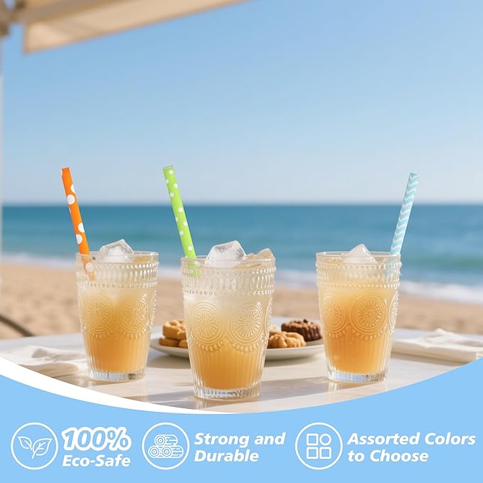 BEISHIDA 100 Pcs Biodegradable Paper Straws, Assorted Rainbow Striped Straws for Drinking, Crafts and Party Supplies
