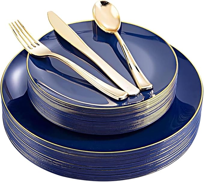 YOUBET 125PCS Blue Plastic Plates - Navy Blue Disposable Plates With Gold Rim Include 25 Dinner Plate, 25 Dessert Plate, 75 Gold Silverware Cutlery for Party & Wedding