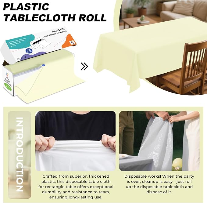 54IN X 320FT Plastic Table Cover Roll with Cutter Box, Cut to Size Plastic Table Cloths for Parties, Birthday, Disposable Tablecloth Roll for All Shape Tables (Beige, 54 Inch X 320 Feet)