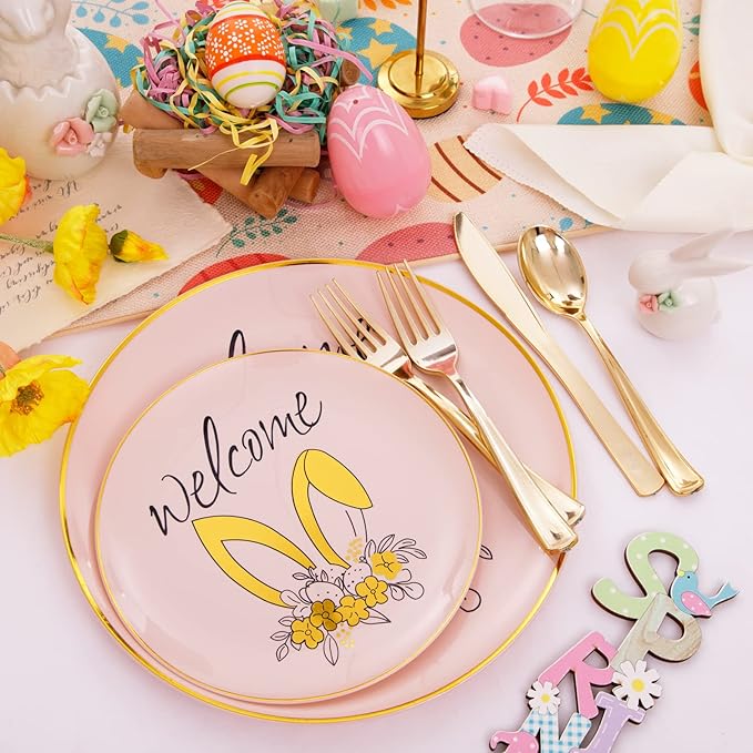 DaYammi 210Pcs Easter Plastic Plates,Pink Gold Party Plates with Bunny Egg Design Include 30 Dinner Plates,30 Dessert Plates,30 Pre Rolled Napkins with Gold Silverware,30 Plastic Cups for Easter Party