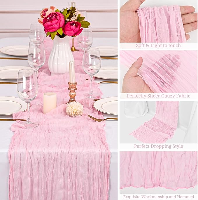 24 Pack Light Pink Cheesecloth Table Runner,9FT Gauze Boho Long Cheese Cloth Table Runner 17x108 inch Rustic Table Runners for Wedding Party Bridal Shower Banquet Table Decorations