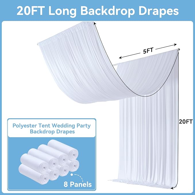 Outpain 40ftx20ft White Backdrop Ceiling Drapes,8Panels 20ft Height Wrinkle Free Tent Draping Curtains, Fabric Drapery Ceiling Drapes for Wedding Ceremony Birthday Theme Parties with Rod Pocket