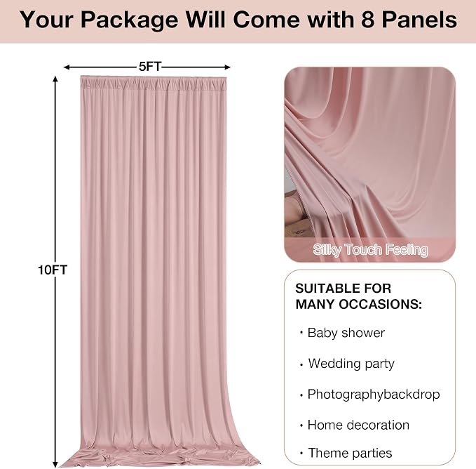 40ftx10ft Wrinkle Free Dusty Pink Backdrop Curtains for Parties, Silky Polyester Photo Backdrop Drapes 8 Panels 5x10ft Back Drop Cloth for Wedding Birthday Baby Shower Photography Background