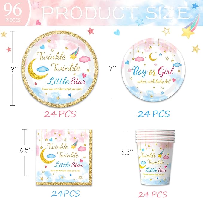 96Pcs Twinkle Twinkle Little Star Gender Reveal Party Supplies Tableware Set little Star Baby Shower Plates Napkins Forks Dinnerware for Baby Shower Decorations, 24 Guests