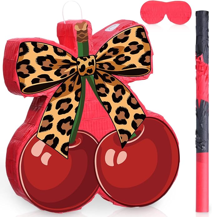 VioraWhite Cherry Leopard Print Piñata Set Cherry Cheetah Piñata Game with Blindfold Hitting Stick Cheetah Print Red Black Party Theme Decoration for Bachelorette Jungle Animals Women Party Supplies