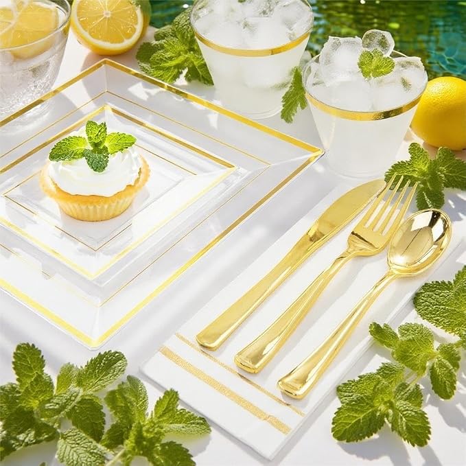 Festiva 350Pcs Clear Plastic Plates with Gold rim - Clear Gold Disposable Dinnerware for 50 Guests include Square Plastic Plates/Cups/Cutlery/Napkins Perfect for Birthday Party&Wedding