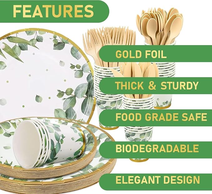 350 Pcs Sage Green Party Plates and Cups Sets,Disposable Paper Plates Cups Napkins Party Supplies,Eucalyptus Plates Dinnerware for Boho Bridal Shower/Baby Shower Theme,Serves 50