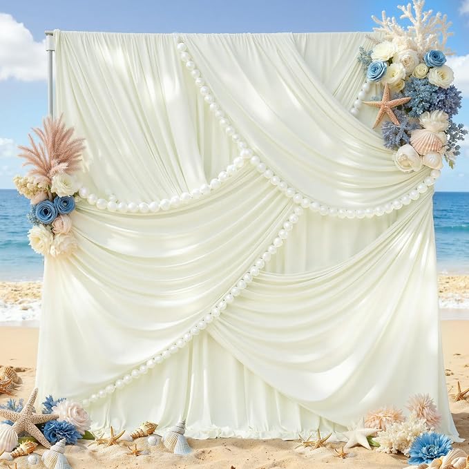 60ft×12ft Ivory Backdrop Curtain for Wedding Parties, 12 Panels Wrinkle Free Polyester Photo Backdrop Drapes Back Drop Cloth for Birthday Photography Background