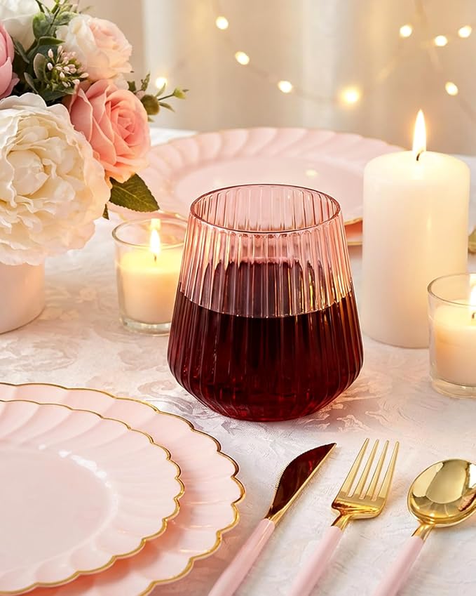 Ciaell 30 Pack Pink Plastic Ribbed Wine Glasses, 12 OZ Origami Stemless Disposable Wine Champagne Whiskey Glasses Unbreakable Clear Plastic Cocktail Glasses, Wine Cups for Party Wedding