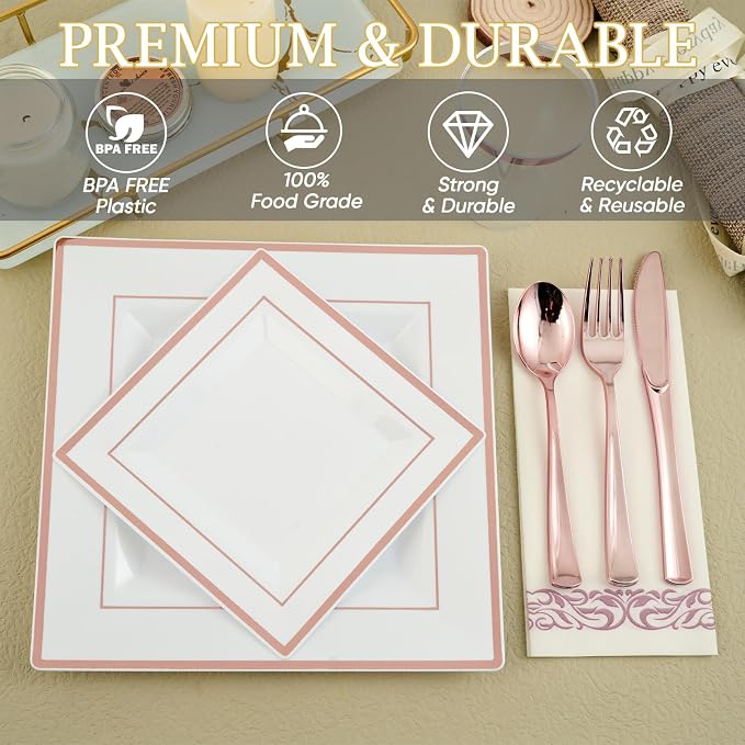 FOCUSLINE 175 Count Rose Gold Dinnerware Set for 25 Guests - Square Plastic Plates with Rose Gold Rim, Includes 25 Disposable Dinner & Dessert Plates, Napkins, Cups, Cutlery Set for Wedding Parties