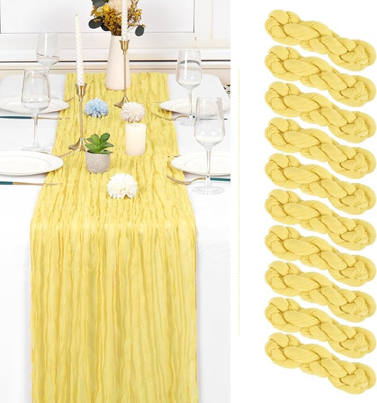 Showgeous 10 Pack Light Yellow Cheesecloth Table Runner, 10FT Long Semi-Sheer Boho or Rustic Gauze Table Runner Wedding Table Decor for Wedding Decor Arch Draping Bridal Shower Holiday Party