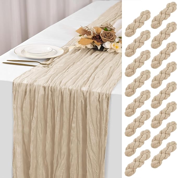 16 Pack Beige Cheesecloth Table Runner 120 Inch 10FT Spring Boho Rustic Sheer Gauze Cheese Cloth Table Runner for Wedding Baby Shower Birthday Party Table Decor