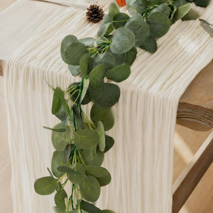 Leinuosen 8 Set 10 Ft Ivory Cheesecloth Table Runner Wedding Decor with 6 Ft Eucalyptus Garland, Boho Gauze Table Centerpiece Runner for Wedding Baby Shower Birthday Party Decoration