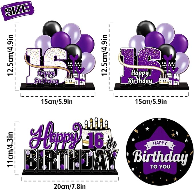 LINGTEER Happy 16th Birthday Purple Acrylic Table Topper Centerpieces Set - Cheers to Sixteen Years Old Birthday 16th Bday Party Gift Decorations.