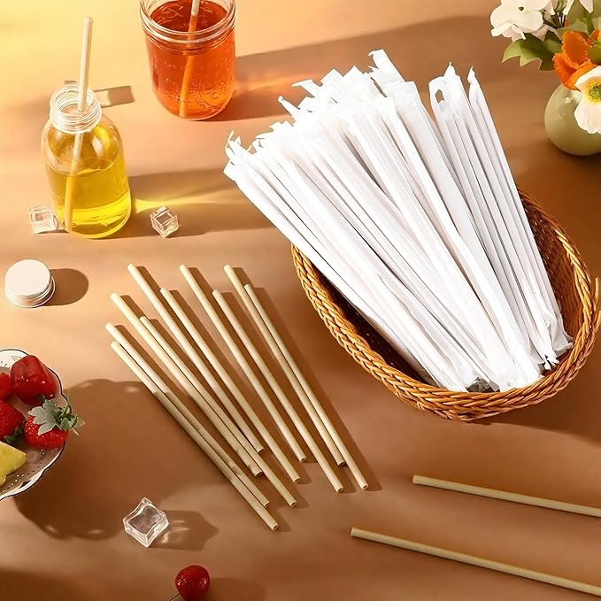 Potchen 200 Pcs Individually Wrapped Sugarcane Straws 8" Biodegradable Plastic Compostable Disposable Drinking Straws for Smoothie Drinks Parties Restaurants Home