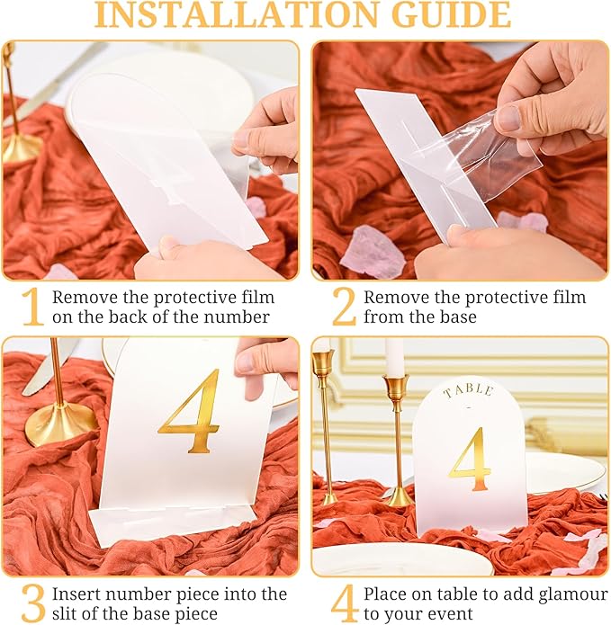 Teruntrue Frosted Arch Wedding Table Numbers 1-15 with Stands, Gold Foil Printed 5x7 Acrylic Table Signs for Reception, Anniversary, Event - Elegant Centerpiece Displays