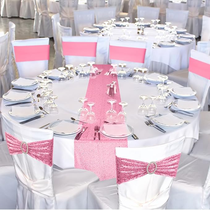 Newwiee 54 Pcs Pink Sequin Chair Sashes and Table Runners, 48 Sequin Chair Bows, 6 Glitter Table Runners for Birthday Party Wedding Banquet Holiday Decorations