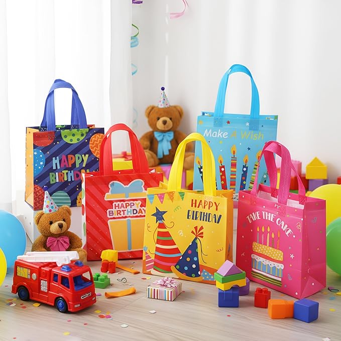 Wesnoy 24 Pcs Happy Birthday Gift Bags Bulk Medium Party Favor Bags Reusable Non Woven Goodie Tote Bag 8 x 8 x 3.5 in Gift Bag with Handles for Birthday Baby Shower Wedding Party Supplies