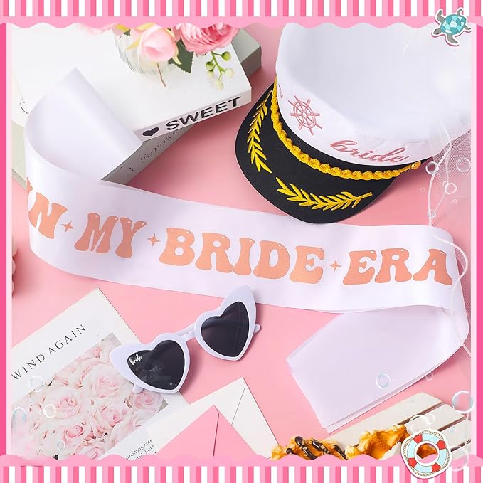 JaGely Bride Captain Hat with Veil, Bachelorette Sash & Sunglasses for Bridal Shower Bachelorette Party Decor Accessories(in My Bride Era)