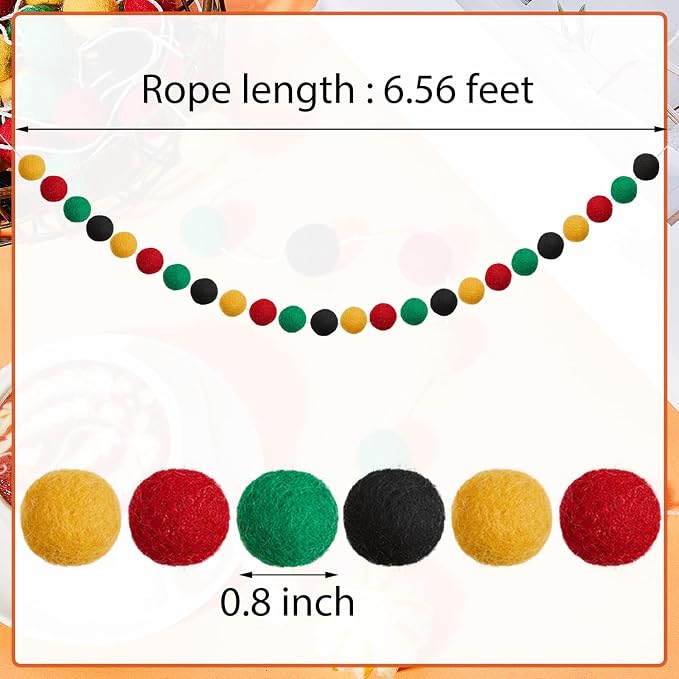 WILLBOND 3 Pieces Wool Felt Rainbow Ball Garland Colorful Pom Pom 6.5 ft Long 24 Ball Garland for Easter Mardi Gras Classroom Halloween Thanksgiving Xmas (Black,Green,Red,Yellow)