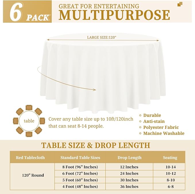 YMHPRIDE 6 Pack Round Tablecloth Ivory Table Cloths 120 Inch Polyester Round Table Cloth,Ivory Tableclothes Round Washable Fabric Table Covers for Wedding,Party,Dining,Banquet