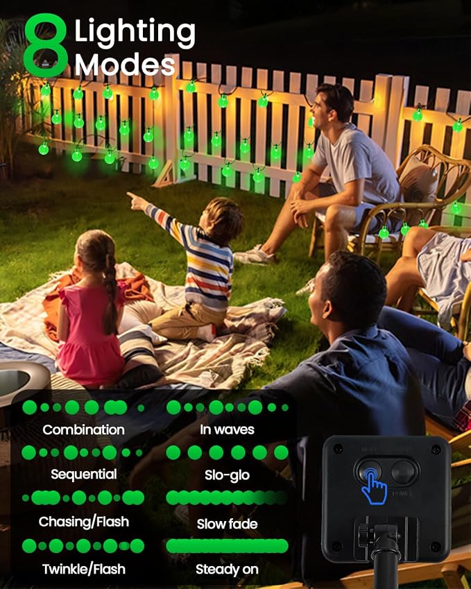 2-Pack 100 LED Green Solar String Lights Outdoor - 64FT Crystal Globe Waterproof Solar Powered Lights for Outside with 8 Lighting Modes for Patio Decorations, Garden, Party, Porch, Wedding, Yard
