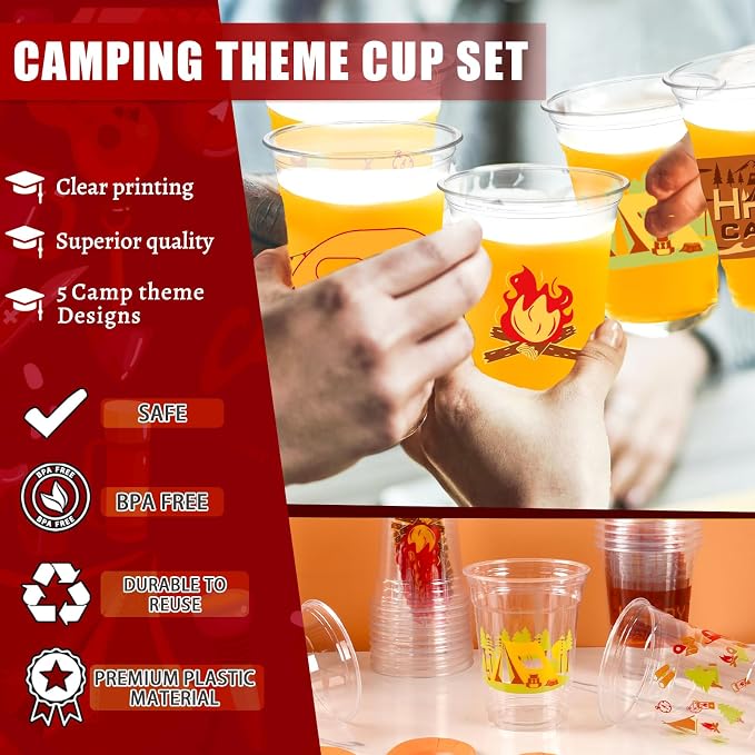 Camping Party Decorations Cups, 100 Pcs 12Oz Bulk Disposable Drinking Camping Theme Plastic Cups for BBQ Coffee Tea Beverage Backyard Birthday Shower Wedding Party Decorations Favors