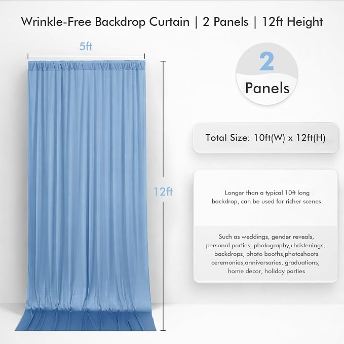 10ftx12ft Wrinkle Free Dusty Blue Backdrop Curtain, 2 Panels 12FT Height Wedding Backdrop Drapes, Silky Polyester Back Drop Cloth for Birthday Photography Background Party Backdrop Draping