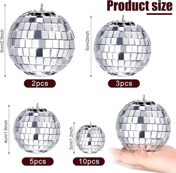 MTLEE 20 Pcs Disco Balls Decoration Mirror Disco Ball Assorted Silver Mini Glass Different Sizes Reflective with Rope for 70s Wedding Dance Music(2.4, 2, 1.6, 1.2 Inch)