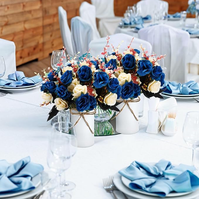Domensi 12 Sets Wedding Centerpiece for Table Artificial Rose with Vase Fake Bouquets and Metal Pot Flower Arrangements for Bridal Shower Birthday Party Event Table Decor (Dark Blue)