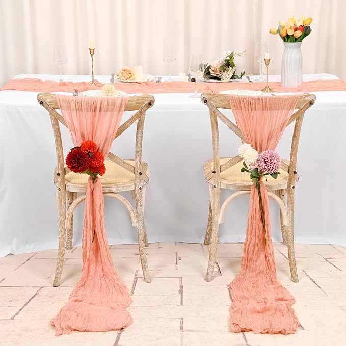 24 Pack Coral Cheesecloth Table Runner 10FT Cheese Cloths for Wedding Decor, 20x120inch Rustic Boho Gauze Table Runners for Wedding Party Bridal Shower Table Decoration