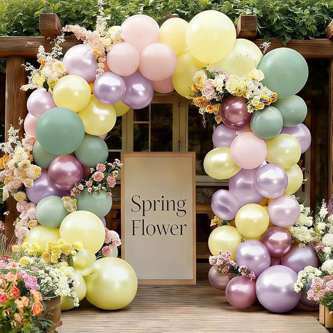 Green Pink Balloon Arch Kit Double Stuffed Light Pastel Lavender Yellow Pearl Balloon Garland for Baby Shower Birthday Spring Wildflower Fairy Garden Tea Butterfly Party Decorations