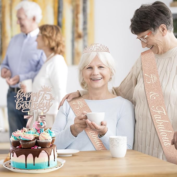 75th Birthday Decorations for Women, Including 75th Birthday Sash and Crown, Cake Topper and Candles, Number Balloons, Greeting Card, 75 Year Old Gifts for Women
