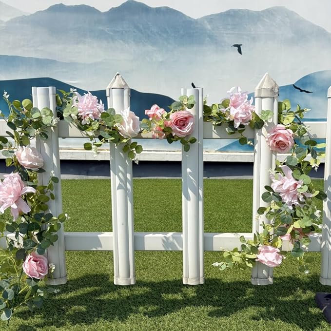 Artificial Flower Garland，6.5Ft Fake Dahlia Rose Flowers Garland Floral Eucalyptus Greenery Vine for Wedding Arch，Table Runner Centerpieces Backdrop Room Wall Hanging Plant Decor（Pink）