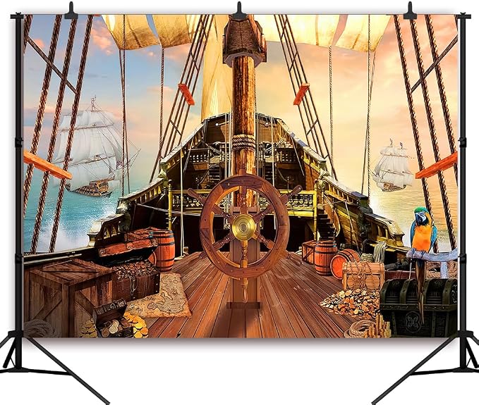 15x10Ft Pirate Ship Backdrop for Photography Nautical Treasure Map Old Wooden Deck Kids Boys Happy Birthday Supplies Baby Shower Decorations Background Banner Photo Studio Booth Props