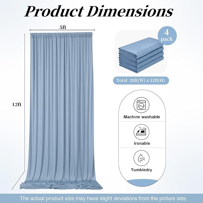 20ft x 12ft Dusty Blue Backdrop Curtains for Parties, Wrinkle Free 4 Panels Photo Backdrop Drapes Back Drop Cloth for Wedding Birthday Photography Background Decor