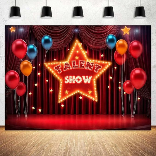 10 x 6.5 ft Talent Show Backdrop Golden Glitter Star Red Curtain Theme Movie Night Background Kids Boys Girls Performance Magic Shows Talent Party Banner Photoshoot Studio Booth Props